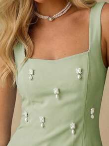 Vestido mini de moda sin mangas con cuello de corazón y decoración de perlas falsas para mujer - verde menta - Ver 3