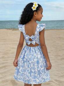 女童碎花露背蝴蝶结设计短袖收腰连衣裙 - 藍色 - 查看 2