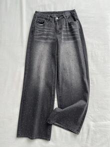 SHEIN ICON Retro seksowne dopasowane dżinsy z szerokimi nogawkami i zdobione kryształkami Jeansy z brokatem i kryształkami Jeansy z brokatem i kryształkami - Szary - Zobacz 5