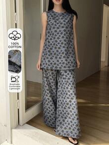 DAZY Bộ đồ denim thường ngày dành cho nữ, gồm áo tank top không tay cổ tròn in họa tiết toàn thân và quần dài. - Rửa trung bình - Xem 1