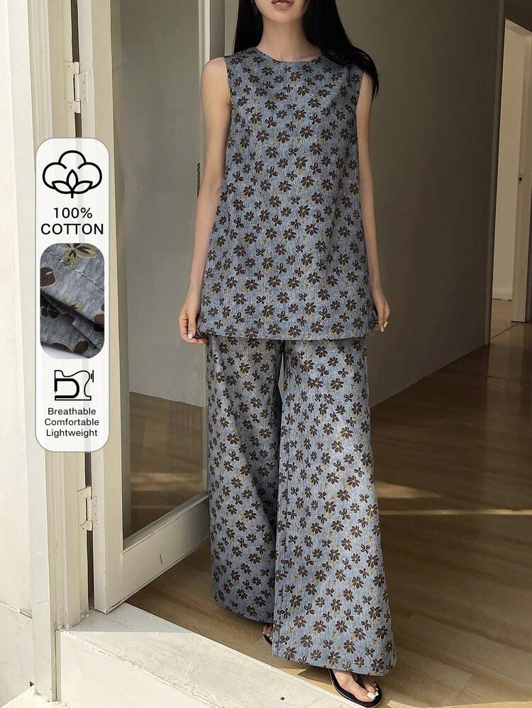 Women's Allover Print Round Neck Sleeveless Tank Top And Long Pants Casual Denim Suit Boho