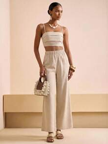 Zivah 2026 Spring/Summer New Music Festival Easter Western Boho Nashville Party Wedding Cocktail Daily Casual Vacation Cruise Beach Elegant Commute Business 2-Piece Set, Spaghetti Strap Ruched Front Backless Top + Wide Leg Pants, Bamboo Fiber Khaki Suit, Women's Outfit - Khaki - View 2