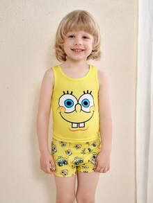 SpongeBob SquarePants | SHEIN 男童卡通印花背心和短裤套装 - 黃色 - 查看 5