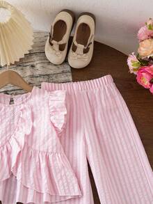 Elladie kids Young Girl (Small) Cute Ruffle Hem Asymmetrical Hem Design & Bow Print Casual Pants Set - Pink - View 4