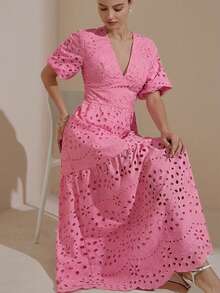 Aveloria Rosie Đầm dài tay cổ chữ V thêu họa tiết, mẫu mới mùa xuân, dành cho quý cô thanh lịch. - Hồng - Xem 5