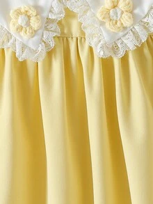 SHEIN Vintaside Kids 女童优雅甜美可爱短袖花卉提花收腰连衣裙，适合度假、假日、派对、夏季穿着 - 黃色 - 查看 8