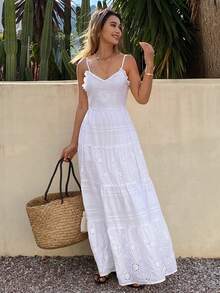 Livesso 女士无袖V领荷叶边下摆中长连衣裙，优雅百搭，适合假日、派对、度假、复活节等夏季场合。 - 白色 - 查看 3