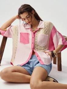 Bohemela Chemise décontractée pour femmes à manches courtes, coupe ample, en patchwork tissé - Rose bonbon - Voir 6