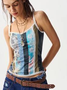 Bohemela Women's Lace Patchwork Casual Versatile Daily Wear Camisole Top - Grey - View 4