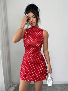 SHEIN Raffinéa 女士优雅无袖新款酒红色波点吊带A字短裙，复古性感优雅约会派对鸡尾酒会连衣裙 - 紅色 - 查看 4