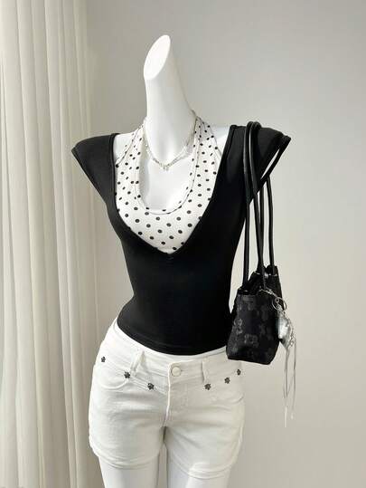 Elamini 女士撞色二合一波点拼接短袖T恤，春夏款