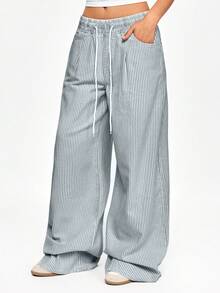ROMWE 休闲条纹弹力抽绳宽松阔腿牛仔裤 - 藍色 - 查看 4