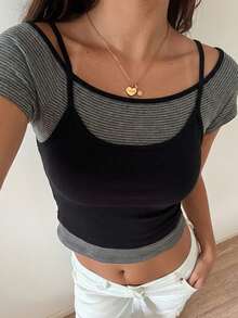DAZY Women's Layered Style Sweet & Cool Halter Neck Short Sleeve T-Shirt, Design-Driven Hot Girl Slim Fit Versatile Top - Dark Grey - View 5