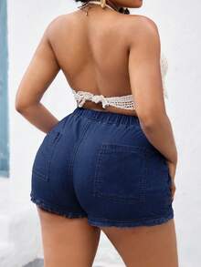SHEIN Slayr Quần short denim ôm sát, cạp chun, cỡ lớn, màu xanh dương - Rửa tối - Xem 2