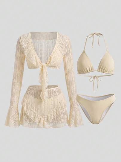 Sweetra 2022春夏度假沙滩四件套：可爱提花米色配套和服罩衫、半身裙和泳衣