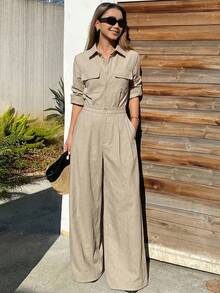 女士宽松商务休闲轻便连体裤，棕色，带大口袋，适合办公室、街头、户外活动，春夏皆宜，女士连体裤家居服套装 - 卡其色 - 查看 5