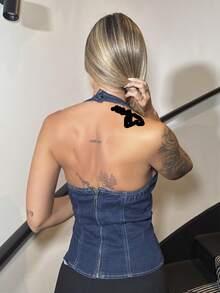 Mélanie ORL 新款女士牛仔上衣秋季露背金属装饰扣紧身上衣日常旅行派对装法式优雅风格 - 深色水洗藍 - 查看 2