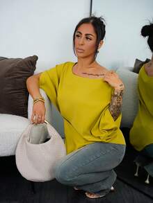 SAYEHFBABY 优雅、日常休闲百搭，性感斜肩设计，不对称剪裁，落肩袖，腰部褶裥，绿色女士春夏上衣，衬衫，不对称肩部上衣，单肩上衣，蝙蝠袖上衣，单肩夏季上衣，黄色上衣 - 綠色 - 查看 1