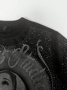 ROMWE MEN Street Life Men's Letter & Saint Print Rhinestone Decor Round Neck Short Sleeve T-Shirt - Black - View 4