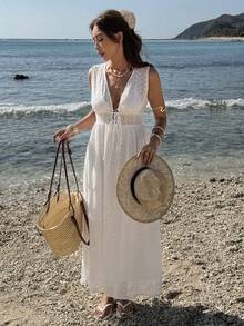 Elyressa Women's Sleeveless Dress With Random Floral Embroidery - White - View 4
