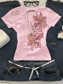 Glimmora Áo thun crop top nữ in họa tiết hoa, kiểu dáng thường ngày, thích hợp cho mùa hè. - Màu Hồng baby - Xem 3
