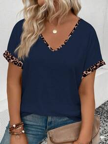 EMERY ROSE Camiseta de talla grande con cuello en V, estampado de leopardo y parches, nueva llegada para primavera/verano para mujer - Azul Marino - Ver 1