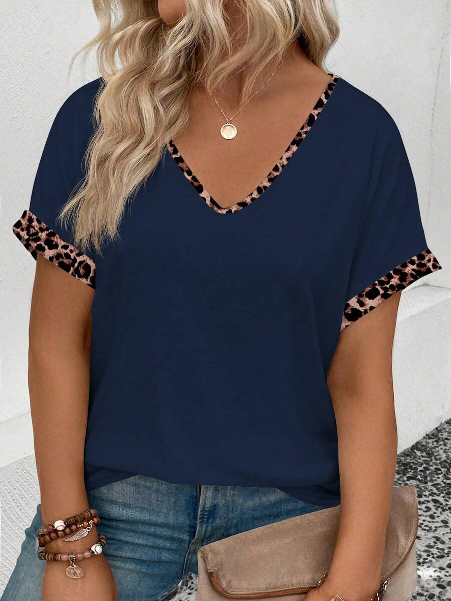 EMERY ROSE Camiseta de talla grande con cuello en V, estampado de leopardo y parches, nueva llegada para primavera/verano para mujer - Azul Marino - Ver 1