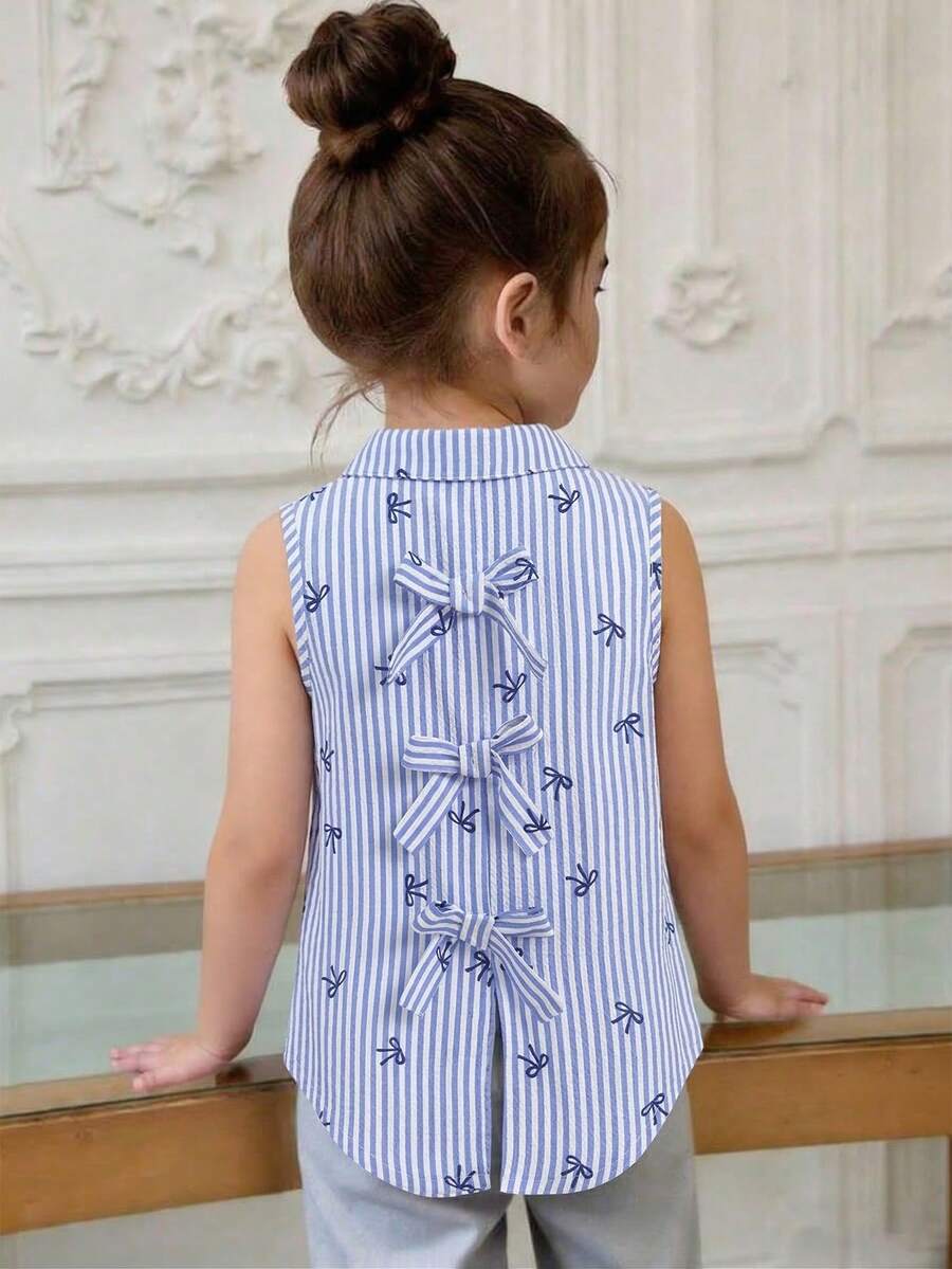 SHEIN Playful Pals 女童粉色条纹无袖不规则衬衫,背面饰有蝴蝶结,适合上学、休闲、户外活动等多种场合。 - 藍色 - 查看 1