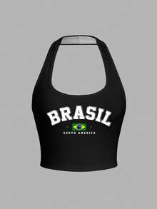 SHEIN EZwear Women's Casual Tight-Fitting Halter Neck Tank Top, English Print Pattern, Suitable For Summer - Multicolor - View 1