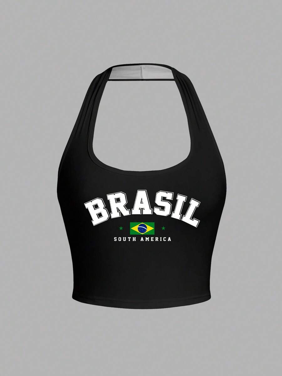 SHEIN EZwear Women's Casual Tight-Fitting Halter Neck Tank Top, English Print Pattern, Suitable For Summer - Multicolor - View 1