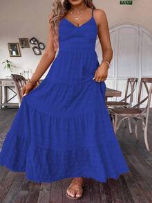 SHEIN Clasi Plus Size Women Summer Solid Color Multi-Layer Ruffled Hem Long Cami Dress Maxi Women Outfit - Royal Blue - View 3