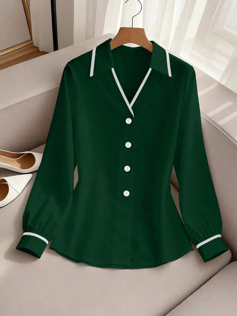 SHEIN Franclia 撞色休闲户外衬衫，简约休闲风，适合户外通勤穿着。 - 墨綠色 - 查看 1
