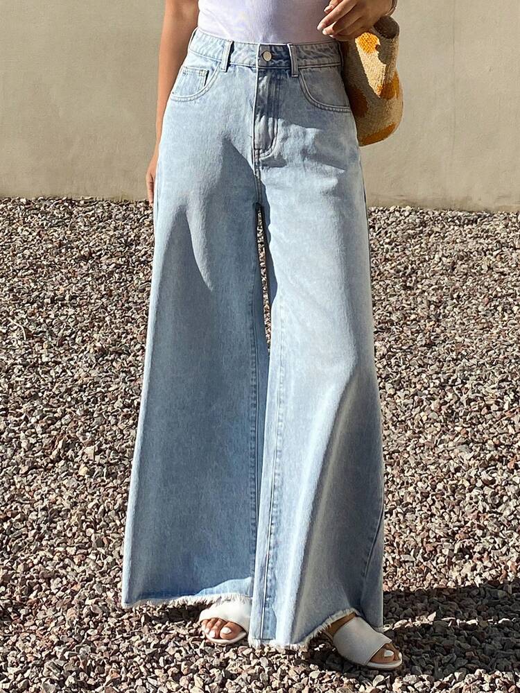 Women's Regular Mid-Waist Frayed Hem Loose Straight Leg Casual Jeans