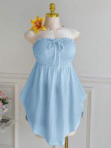 Comfortcana Plus Size Asymmetric Hem Lace Hollow Out Jacquard Tie Front Ruffle Trim Tube Top, Light Blue, Spring/Summer - Baby Blue - View 5