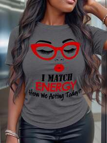 SHEIN LUNE Áo thun ngắn tay cổ tròn thêu chữ dành cho nữ cỡ lớn, kiểu dáng thường ngày, đa năng. - Màu xám đen - Xem 3