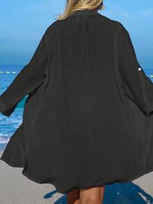 Swim Vcay 女士白色椰子树纽扣休闲度假沙滩和服罩衫 - 黑色 - 查看 2