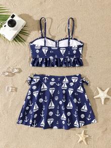 Tween Girl Vacation Casual Anchor & Sailboat Print Swimsuit Set - Dusty Blue - View 2