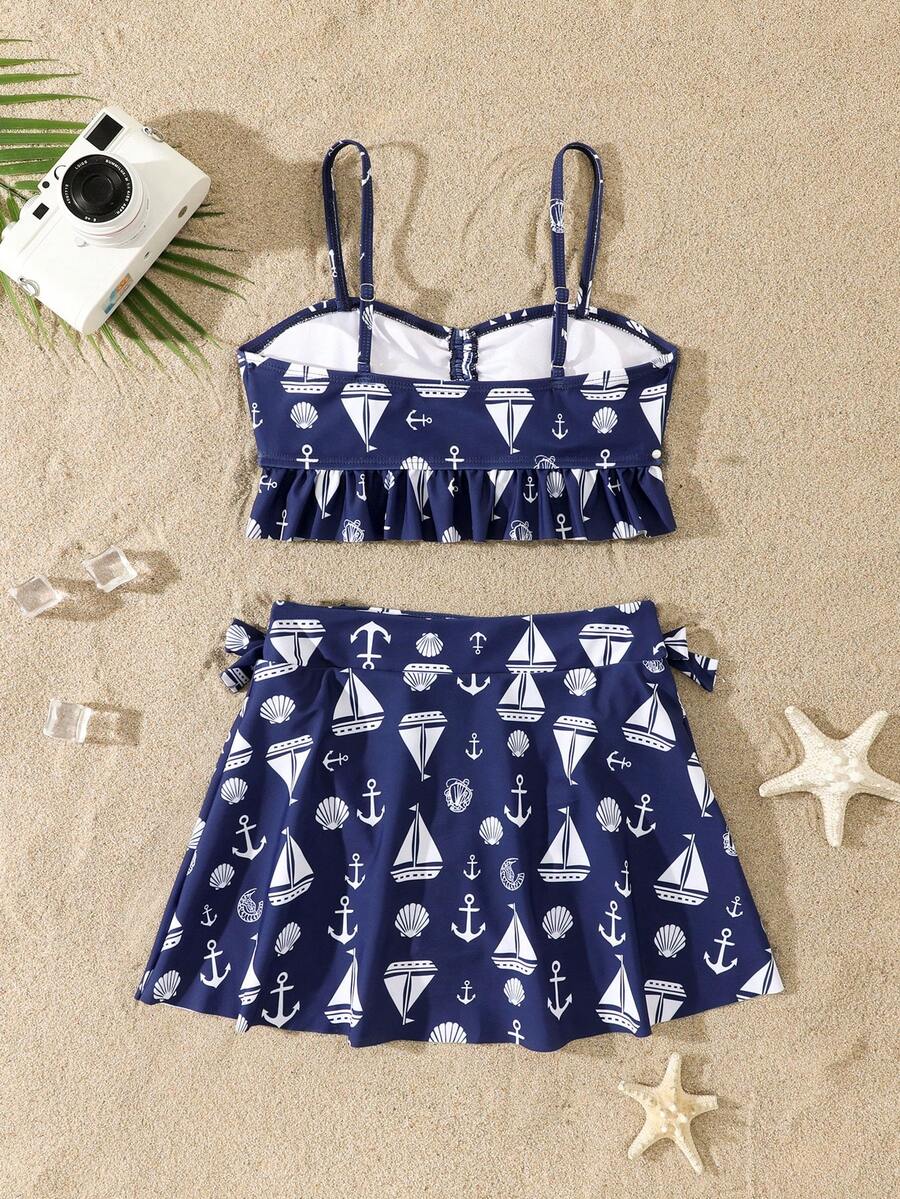 SHEIN Bộ đồ bơi in hình mỏ neo và thuyền buồm, thích hợp cho kỳ nghỉ của bé gái. - Màu xanh bụi bặm - Xem 1