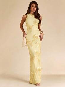 SHEIN BAE Elegantes, hellgelbes Sommerkleid für Damen, ideal als Hochzeitsgast, ärmelloses, figurbetontes Abendkleid aus strukturiertem Jacquard-Stoff, einfarbiges Kleid für Cocktailpartys, Urlaub und Strand - Gelb - Übersicht 4