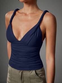Hauture Women's Sexy Casual Twisted Shoulder With Low Back Design Going Out Basic Top - Navy Blue - View 3