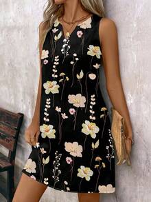 EMERY ROSE Gaun Kasual Wanita Model V-Neck Motif Bunga Panjang Sedang, Cocok untuk Musim Panas - Hitam - View 7