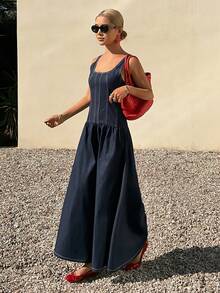 Livesso 夏季棉质蓝色方领条纹装饰度假牛仔连衣裙（女款） - 藍色 - 查看 5