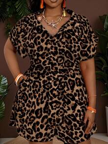 Slaydiva Plus Size Women Leopard Print Drawstring Waist Jumpsuit, Slimming, Suitable For Summer - Multicolor - View 1