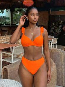 Vaytide Bộ Bikini Ruffle Trim Push Up Đi Biển Mùa Hè, Bộ Đồ Tắm - trái cam - Xem 1