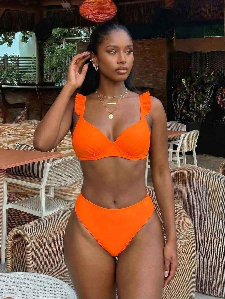 Vaytide Bộ Bikini Ruffle Trim Push Up Đi Biển Mùa Hè, Bộ Đồ Tắm - trái cam - Xem 1