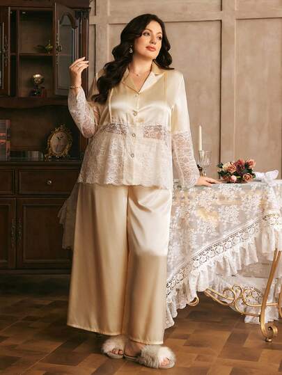 Côtesoire Bộ đồ ngủ cardigan satin ren khoét lỗ thanh lịch kiểu miền Nam nước Pháp, cỡ lớn.