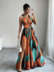 Elenzga 新款法式休闲优雅性感高端设计V领露背吊带A字开衩无袖长裙，红绿花卉印花，高品质精致女装 - 彩色 - 查看 2