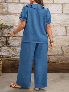 EMERY ROSE Bộ đồ nữ 2 mảnh gồm áo sơ mi ngắn tay cổ chữ V xếp ly và quần ống rộng, phong cách vintage thường ngày, phù hợp cho mua sắm cuối tuần, hẹn hò, đi quán cà phê hoặc mặc đi làm thư giãn. - Màu xanh lam - Xem 2