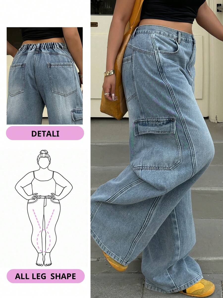 Dazy Plus Washed Blue Distressed Cat Whisker Side Pocket Loose Wide Leg Casual Jeans, All Season - Light Wash - View 1