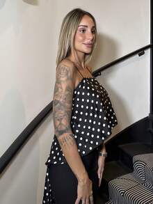 Mélanie ORL Áo hai dây hở lưng họa tiết chấm bi buộc vạt trước không đối xứng cho nữ, phong cách ngày lễ mùa hè - Đen và trắng - Xem 3